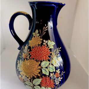 Bareuther Waldsassen Echt Cobalt 8” Vase/Pitcher handpainted 22K Gold Flowers